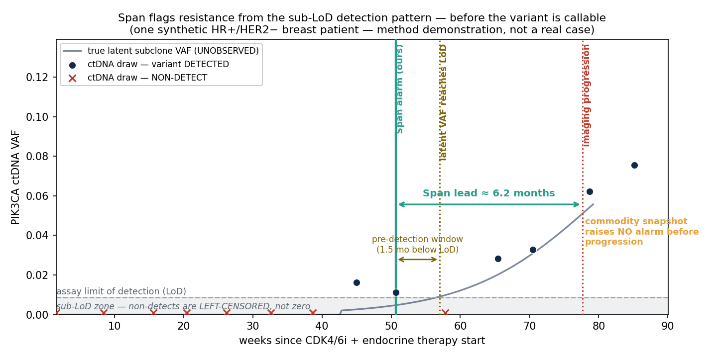 A synthetic HR+/HER2− breast-cancer case: Span flags resistance from the sub-LoD detection pattern roughly six months before imaging progression.